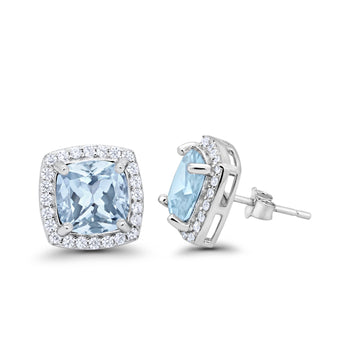 Halo Cushion Bridal Earrings Simulated Aquamarine CZ 925 Sterling Silver